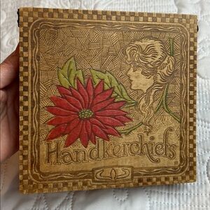 Early 1900 Antique Handkerchief box pyrography wood burning w/ 8 hand stitched